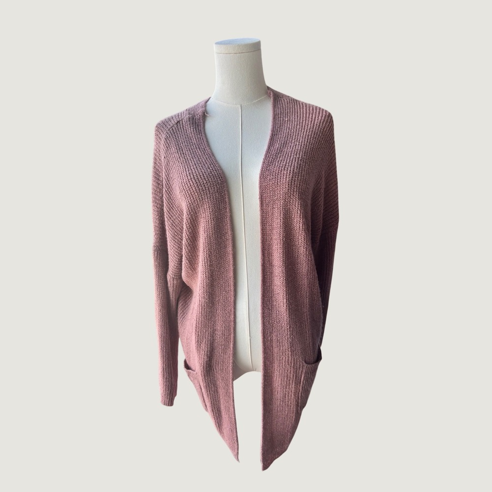 Debut‎ Open Front Cardigan S/M Mauve Pink Cable Knit Back Pockets Soft Boho Y2K